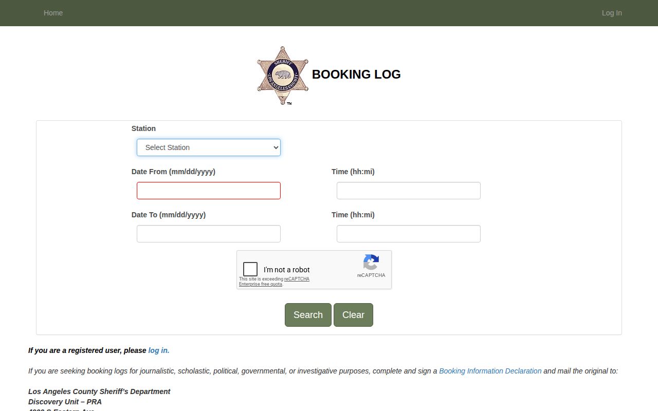 Los Angeles County Sheriff Booking Log search controls
