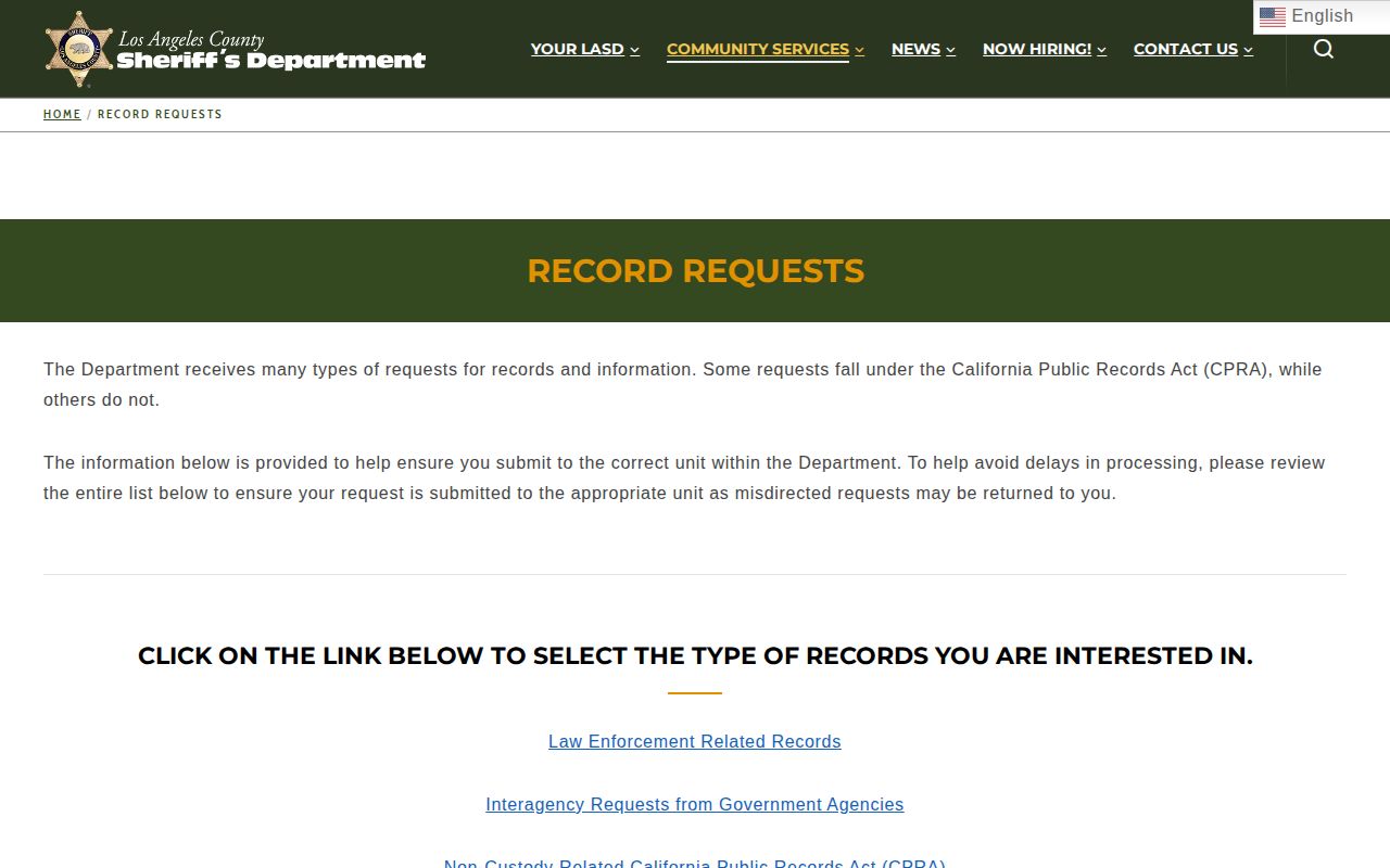 Los Angeles County Sheriff official record request webpage