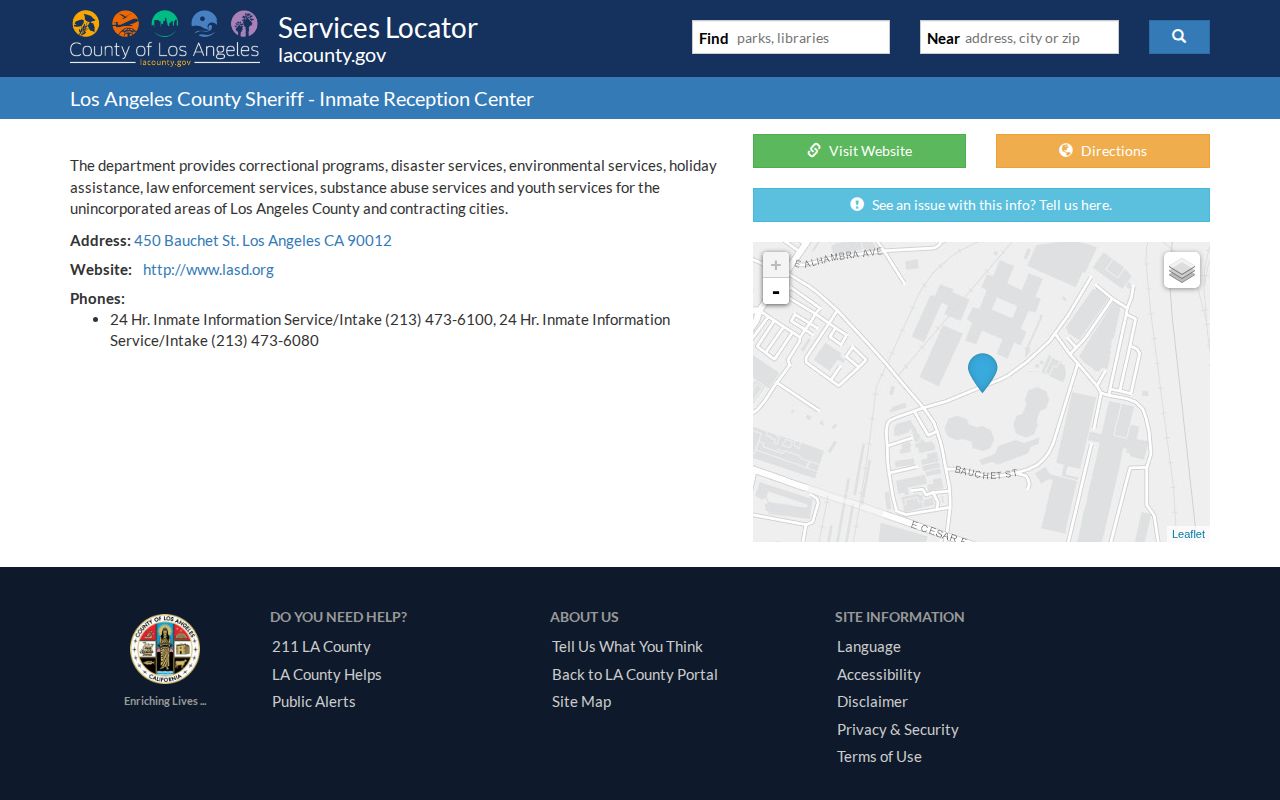 Los Angeles County Inmate Reception Center service listing