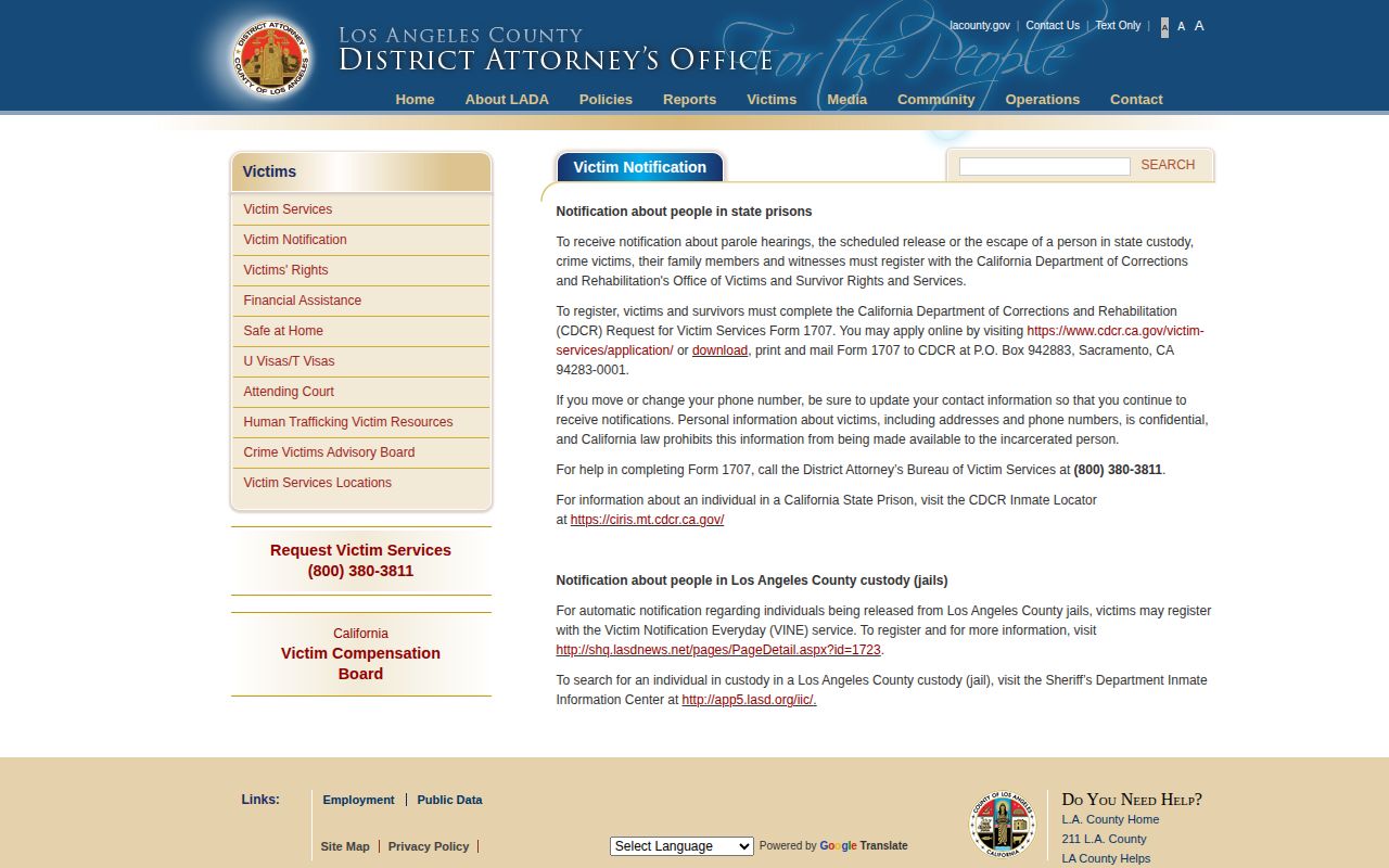 Los Angeles County District Attorney victim notification webpage
