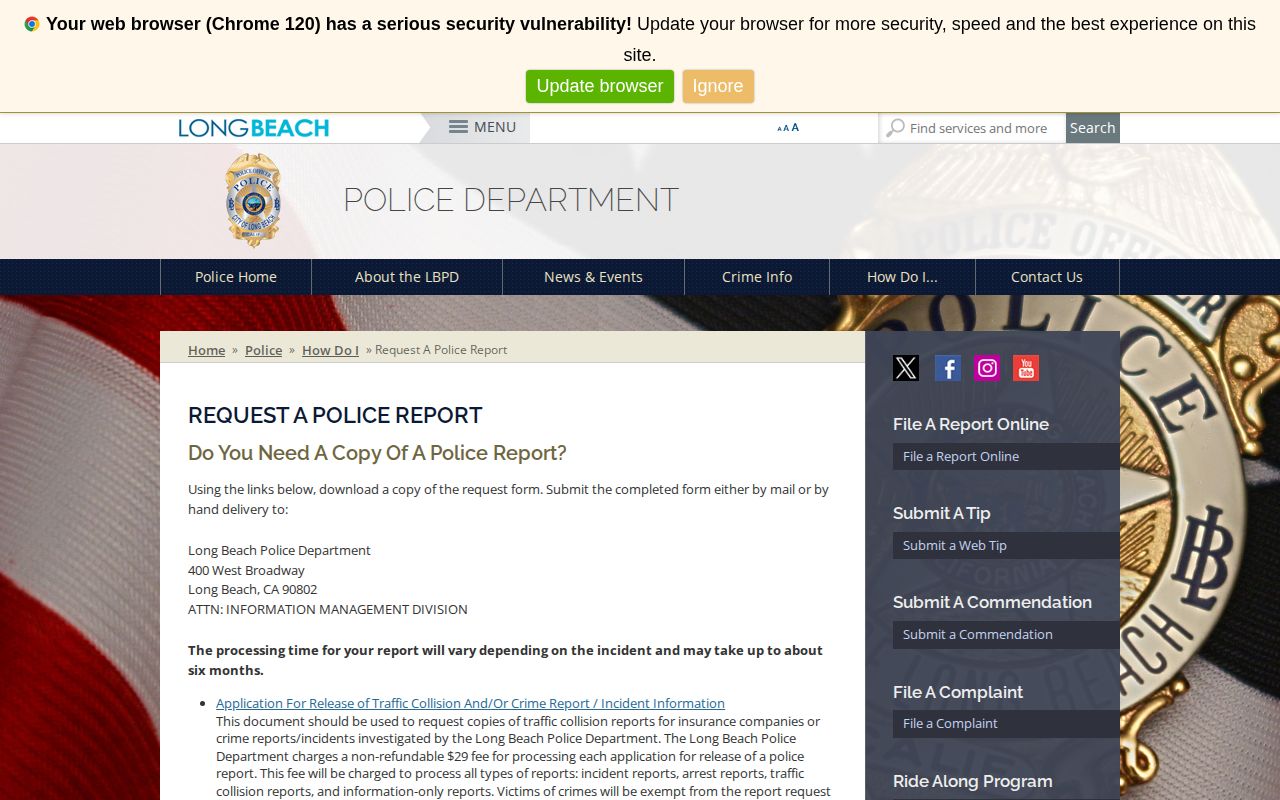 Long Beach Police report request instructions for arrest records